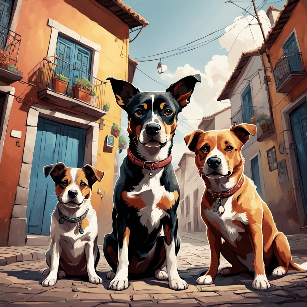 Dogs Watching a Passing Dog, Urban Illustration