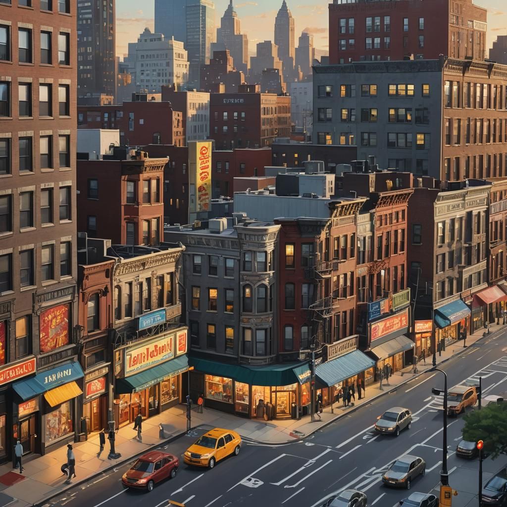 Hyperrealistic Brooklyn Cityscape at Dusk in Syd Mead Style