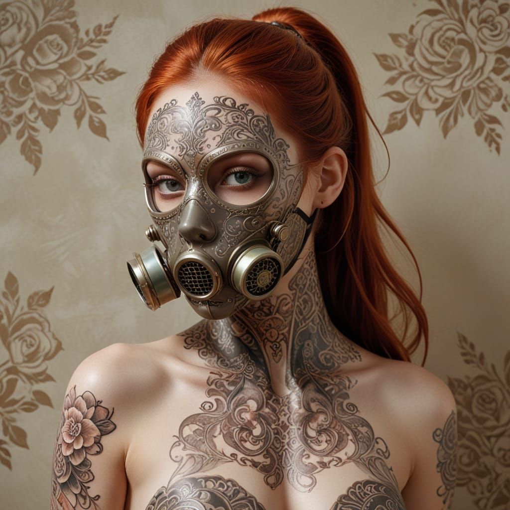 The composition showcases a woman adorned in a striking, intricately designed full face gas mask that diverges from trad...