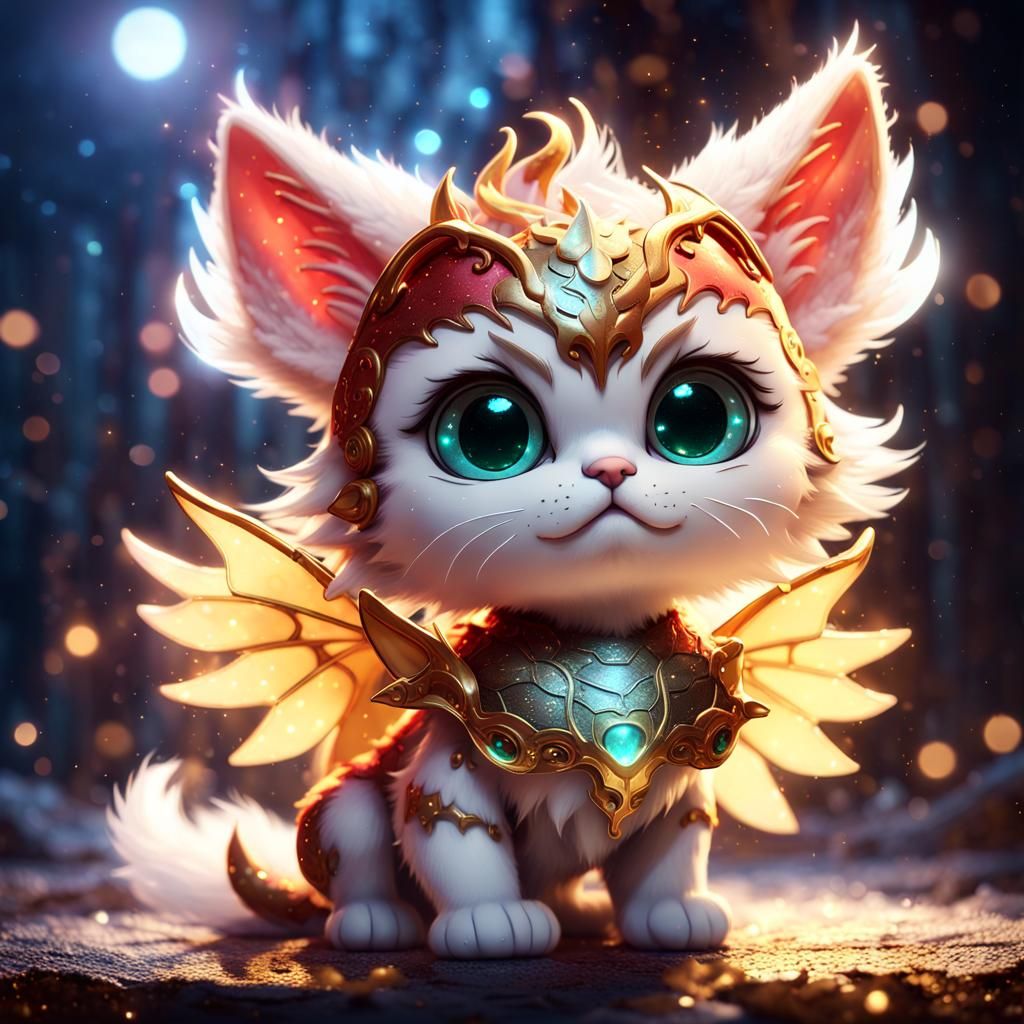 Chibi Dragon-Winged Cat in Dark Fantasy Style