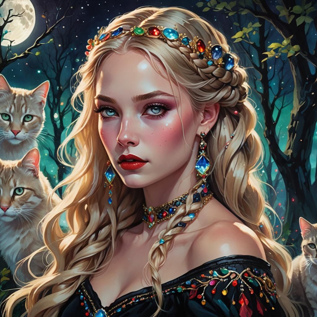 Goddess with Kittens in Forest Glade, Digital Art