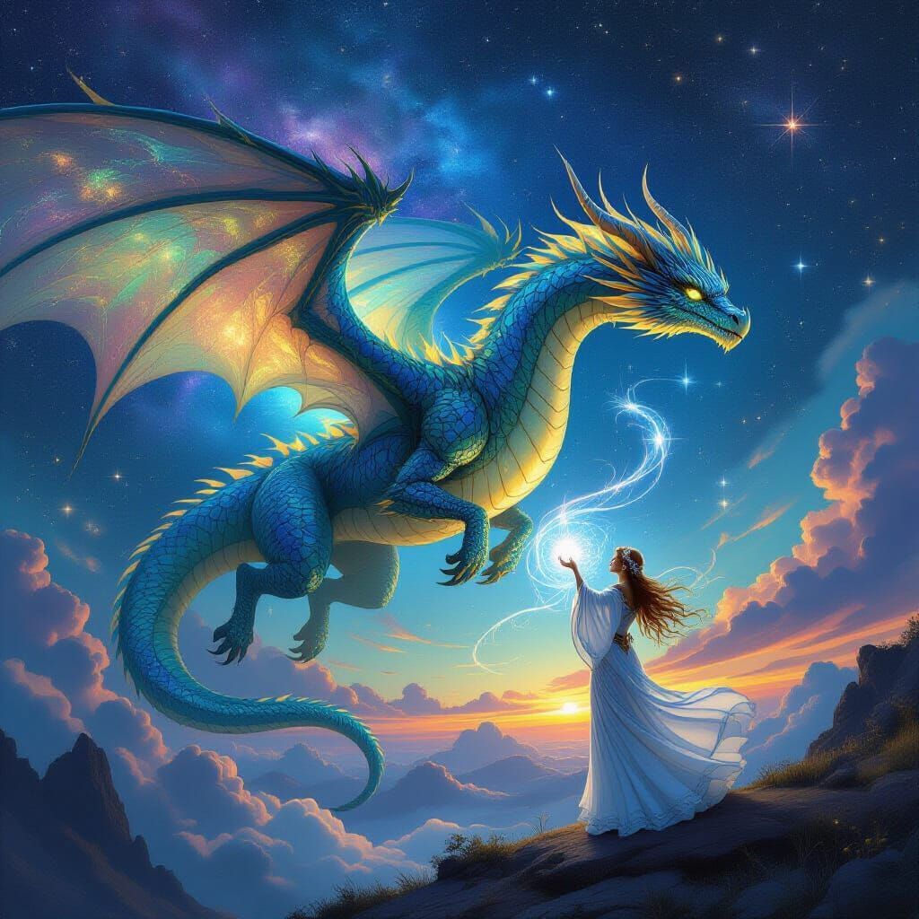 Bioluminescent Dragon and Sorceress in Nebula Sky