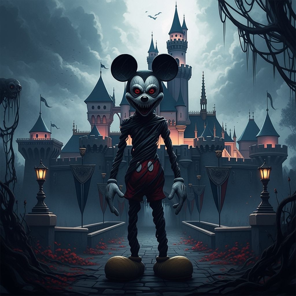 Ominous Anti-Mickey Mouse in Gothic Disneyland