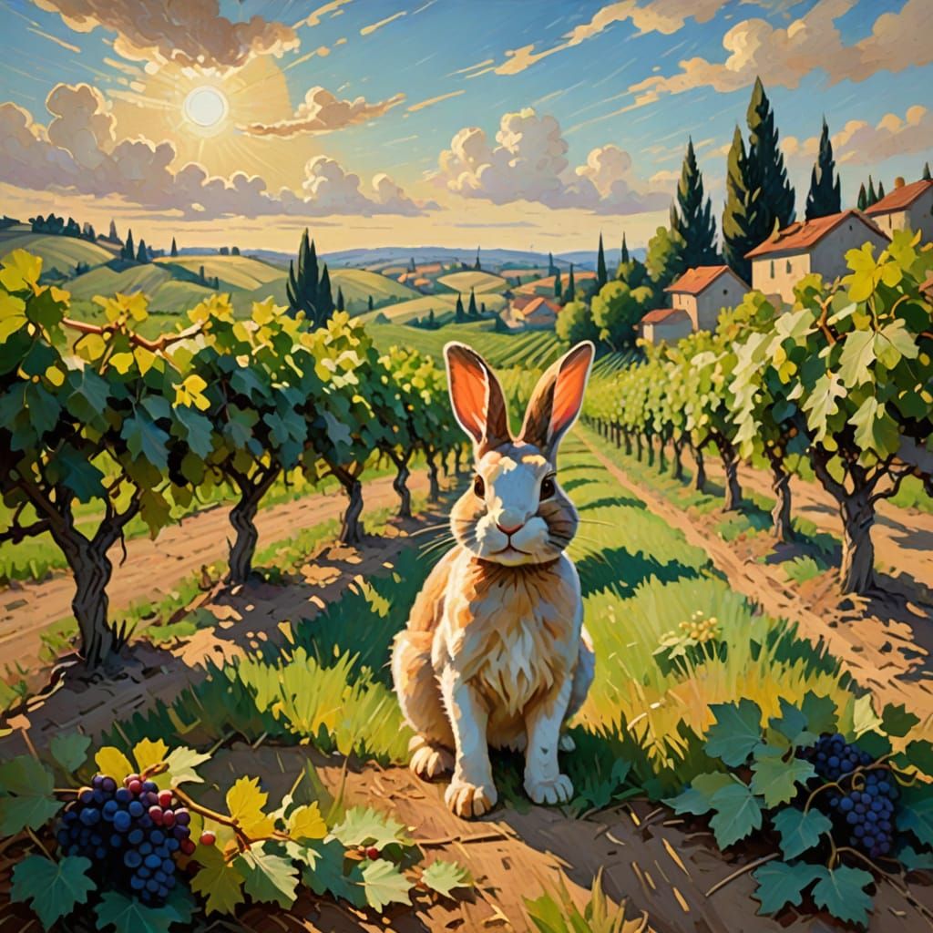 Impressionist Masterpiece: Greedy Rabbit Amidst Lush Vineyar...