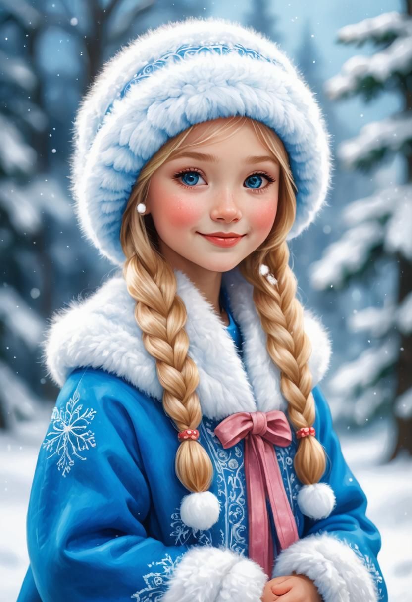 Radiant Snow Maiden Portrait with Synthwave Accents