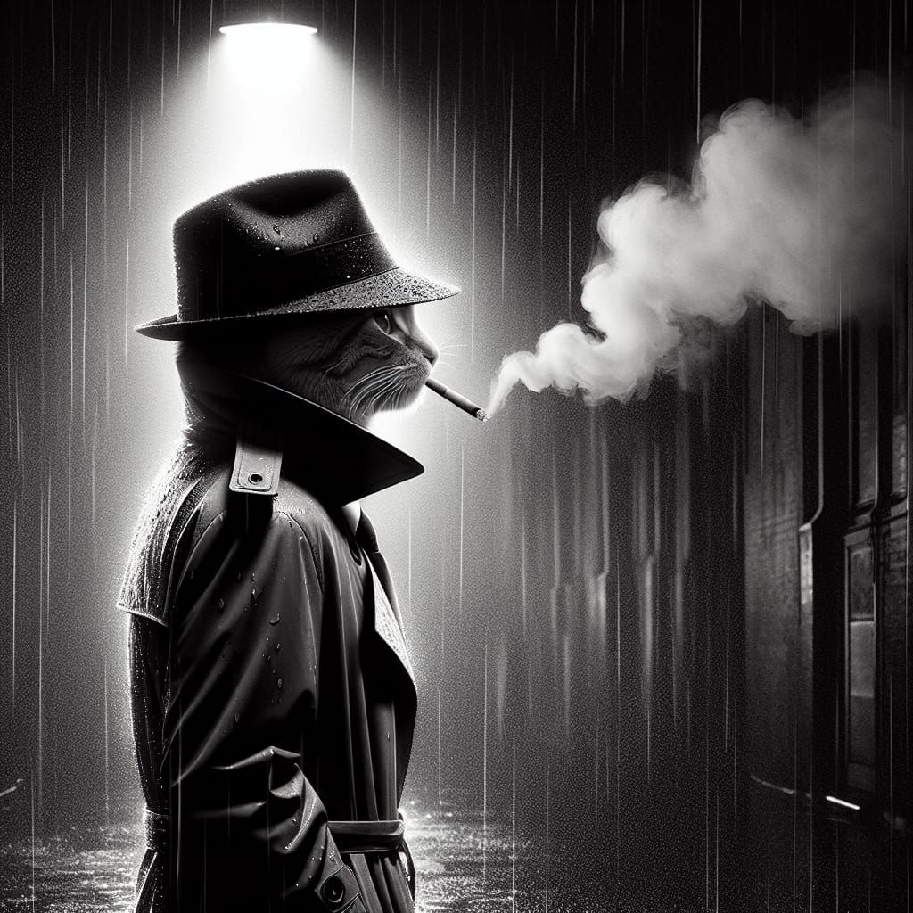 Film Noir Feline Investigator in Rainy Alleyway