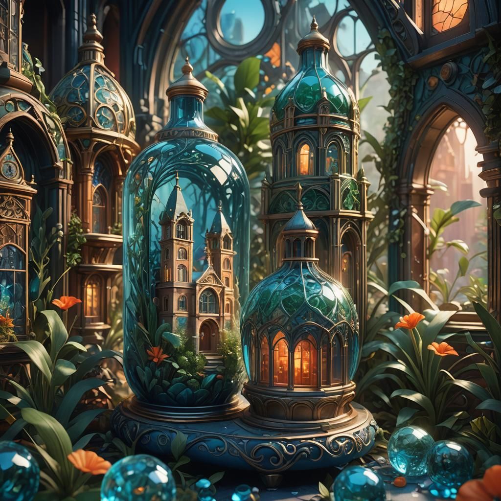 Miniature World in Crystal Bottle, Art Nouveau
