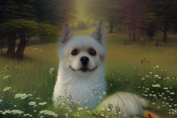 Ethereal Dog in Misty Meadow, Kinkade Style