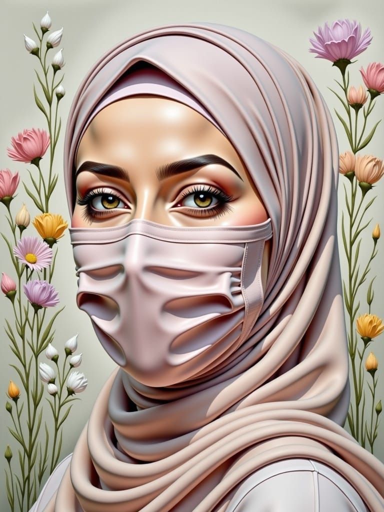 Hijabi Woman in Dreamy Surrealist Oil Painting
