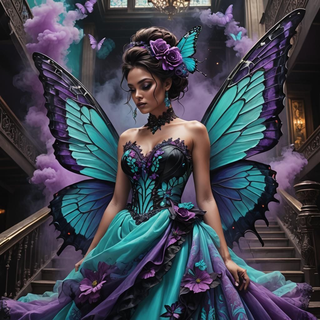Luminescent Butterfly with Turquoise Smoke and Figure