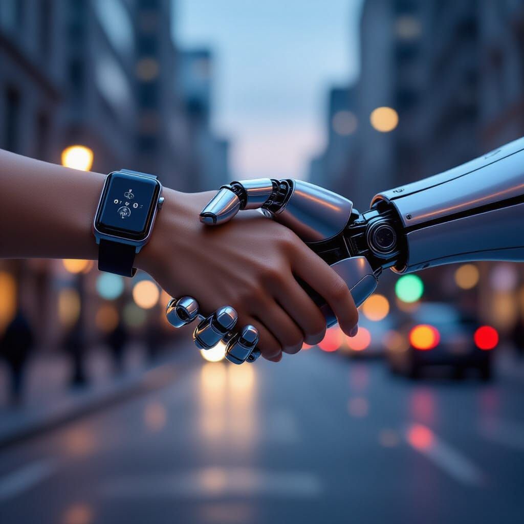 Human and Robot Hands Embrace in Photorealistic Style