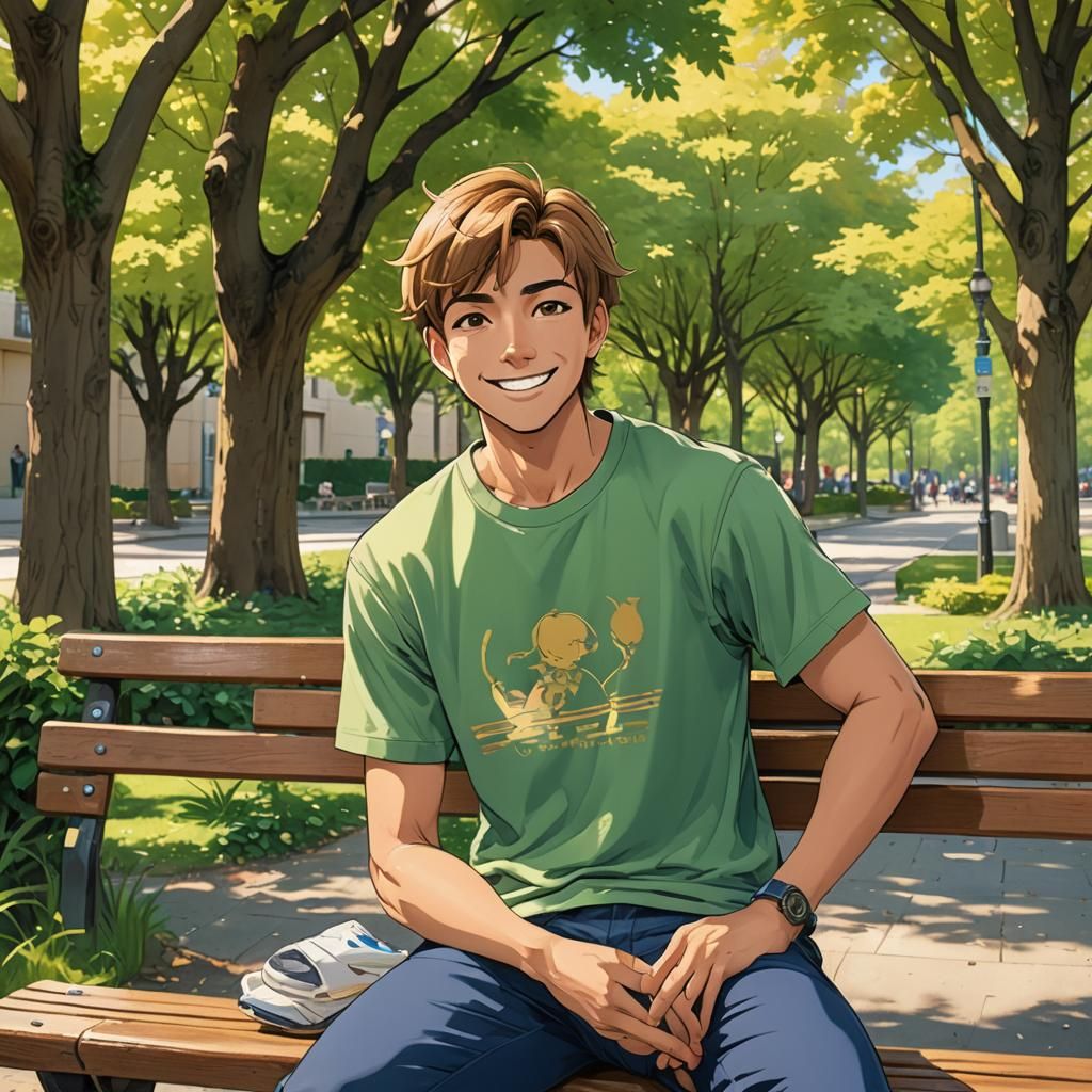 Smiling Hispanic Man on Park Bench in Anime Style