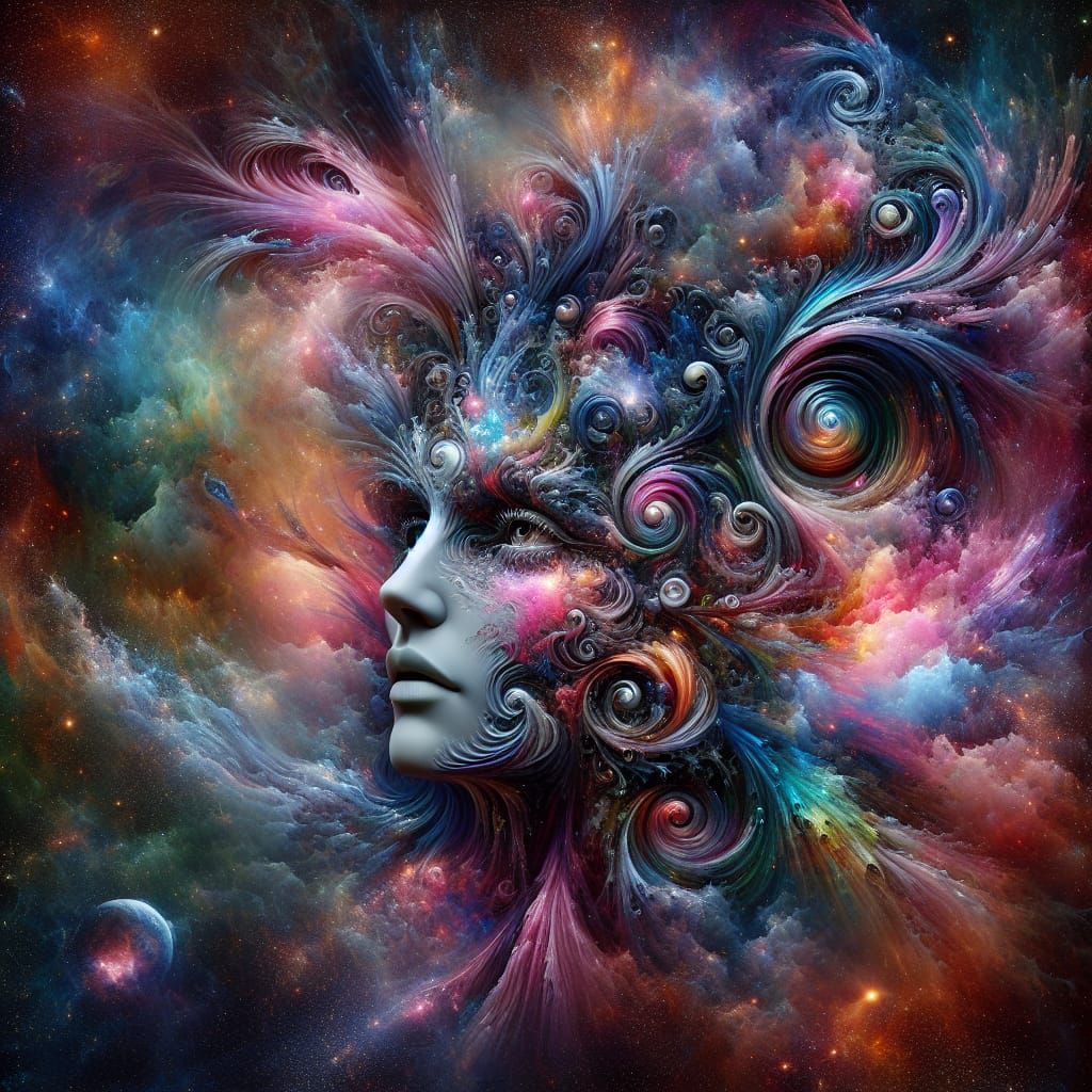 Surreal Woman in Cosmic Dreamscape Artwork