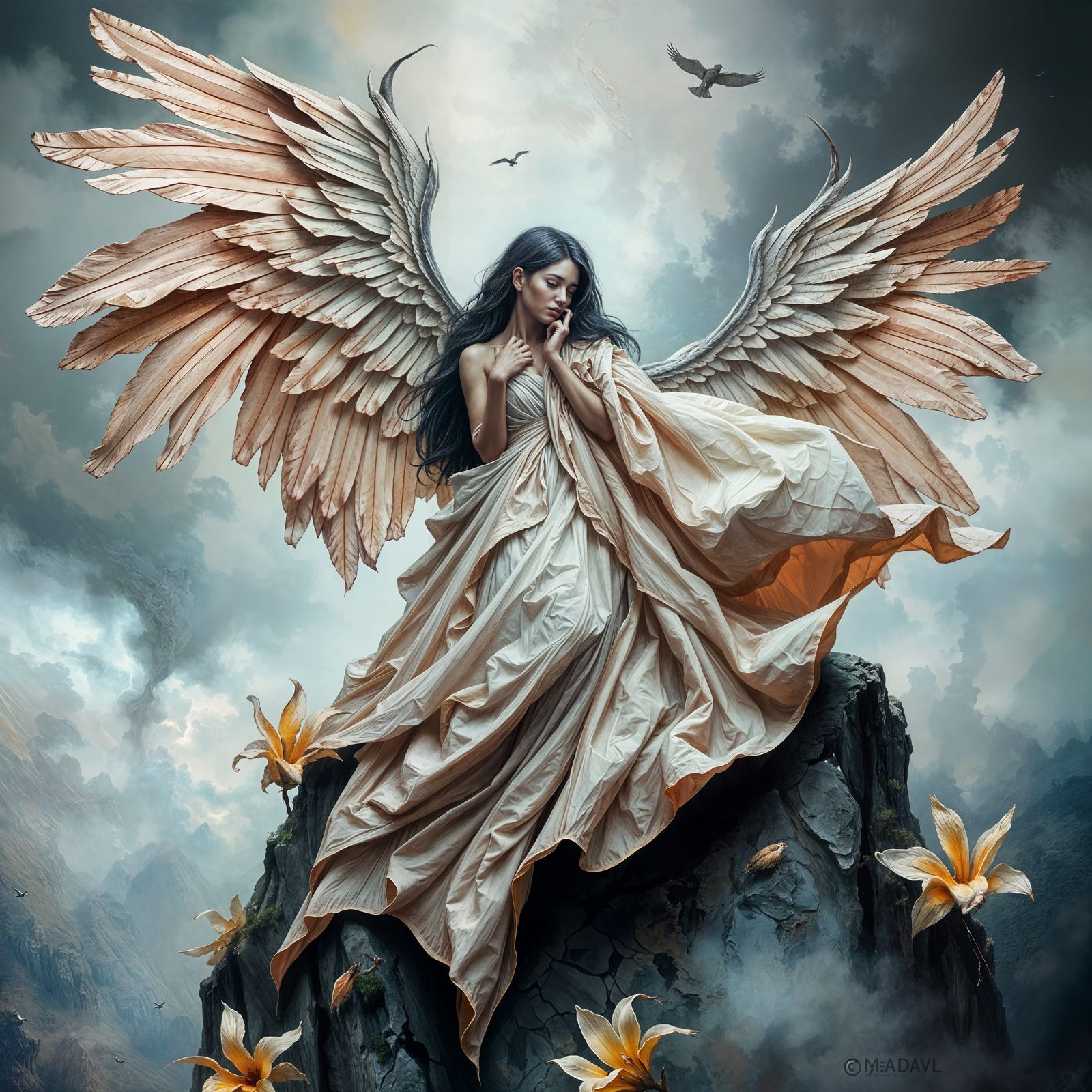 Winged Woman in Cubist Impasto Fantasy Art