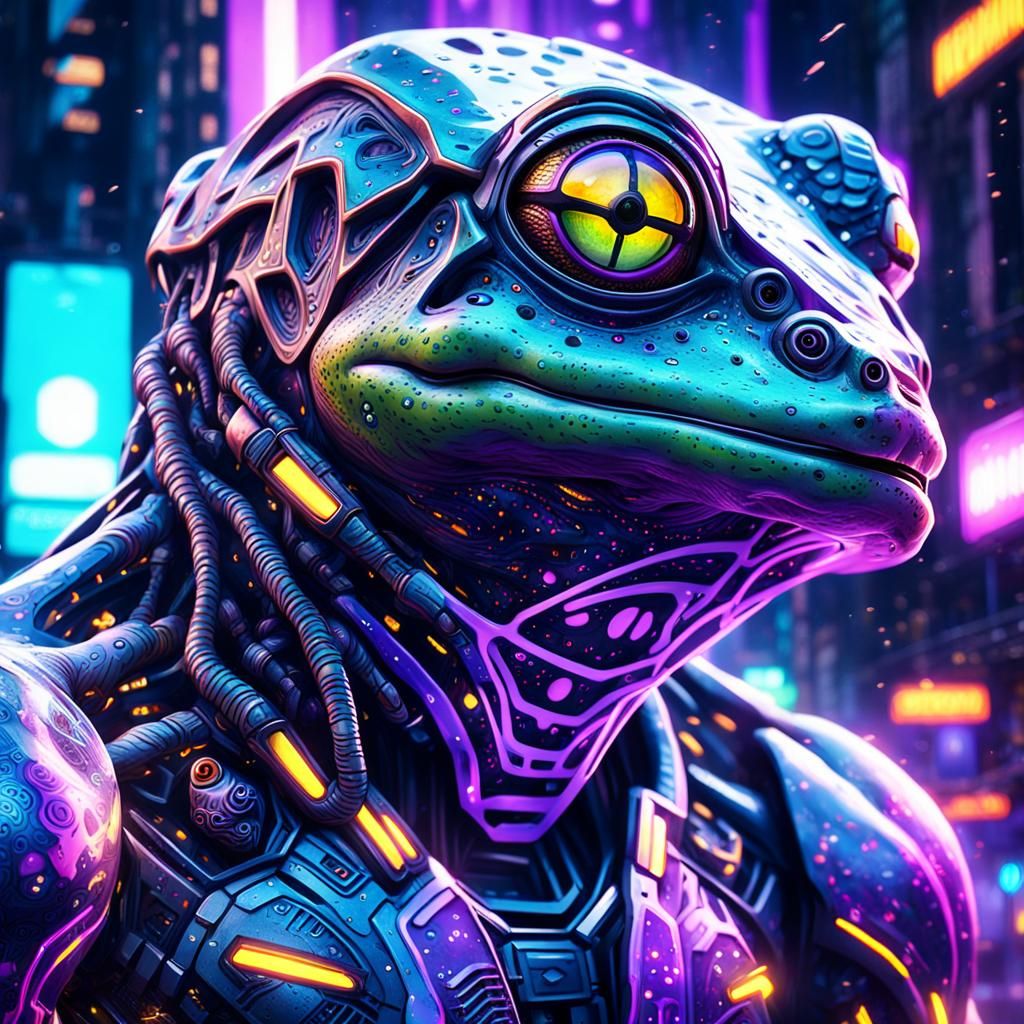 Humanoid Frog Portrait in Dark Fantasy Cyberpunk Style