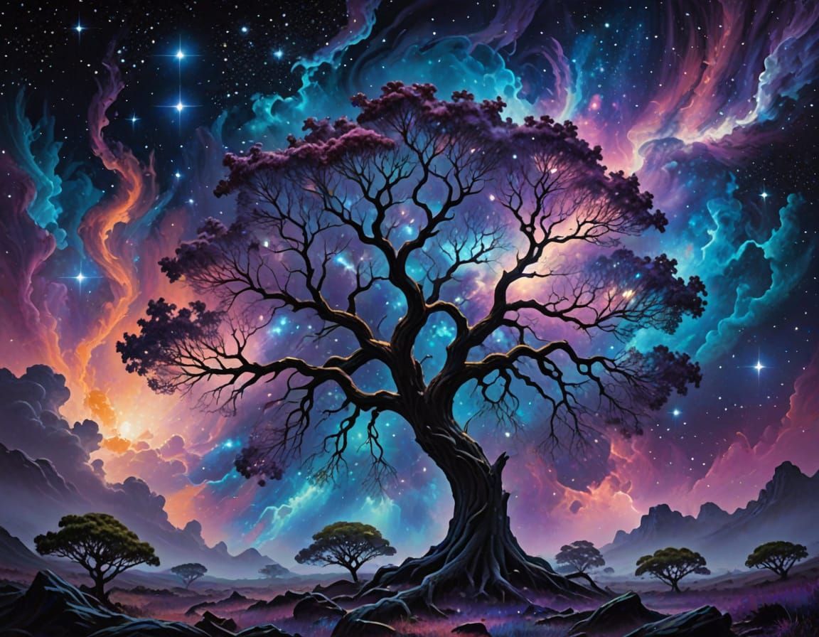 Surreal Cosmic Tree Blooms in Vibrant Oil Painting Style