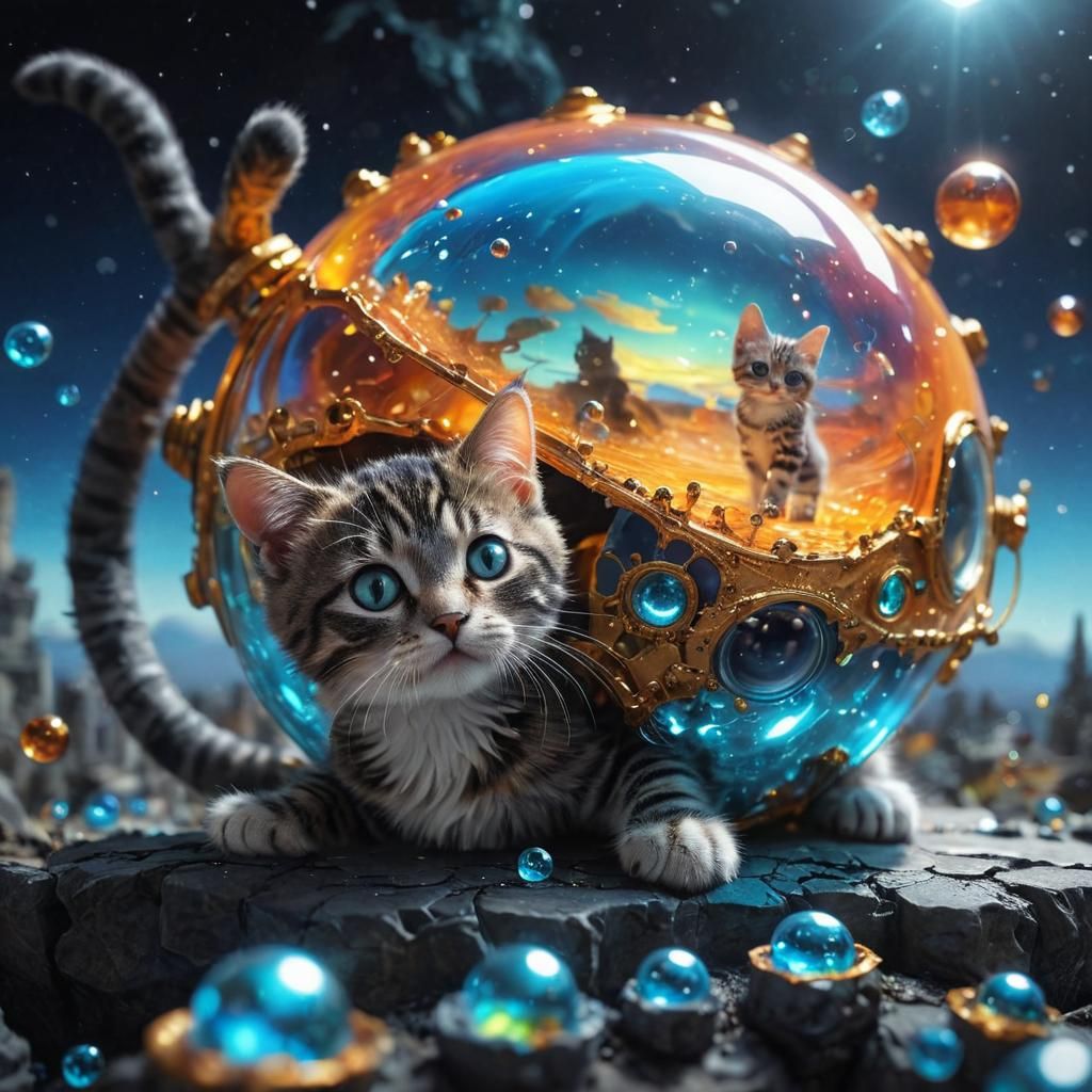 Surreal Microscopic World with Kitten in Bubbles