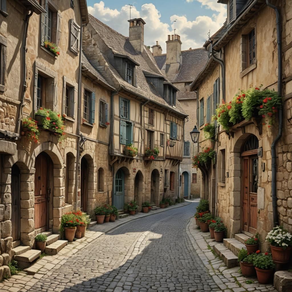 Medieval street in a France village at 1820