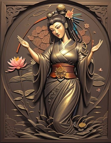 Geisha Bas-Relief Sculpture with Lotus Blossom