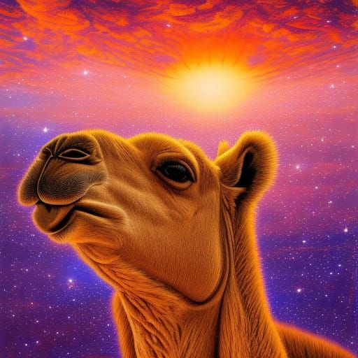 Camel and Galactic Sunset: Hyperrealistic Digital Impasto
