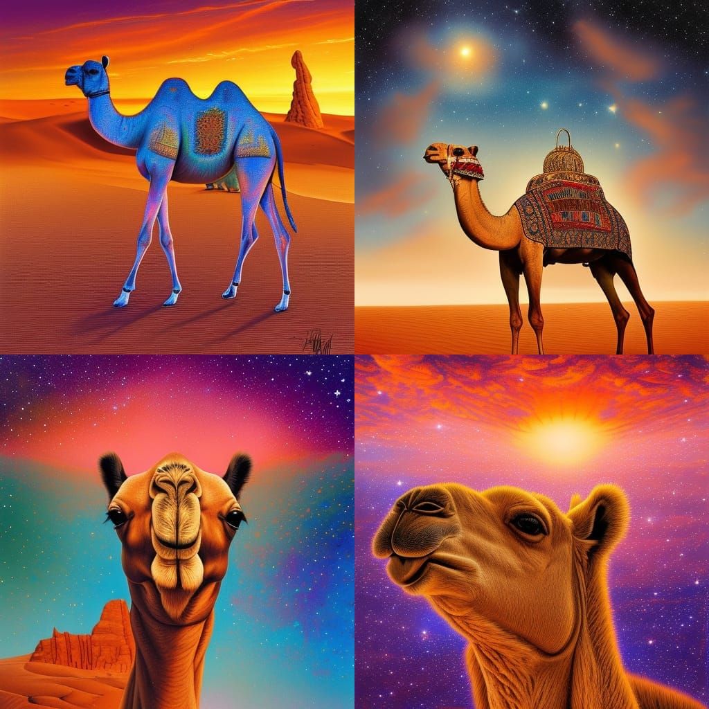 Sahara Camel at Galactic Sunset: Hyperrealistic Digital Art