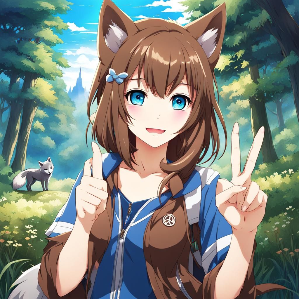 Anime Girl with Wolf Features Doing Peace Sign