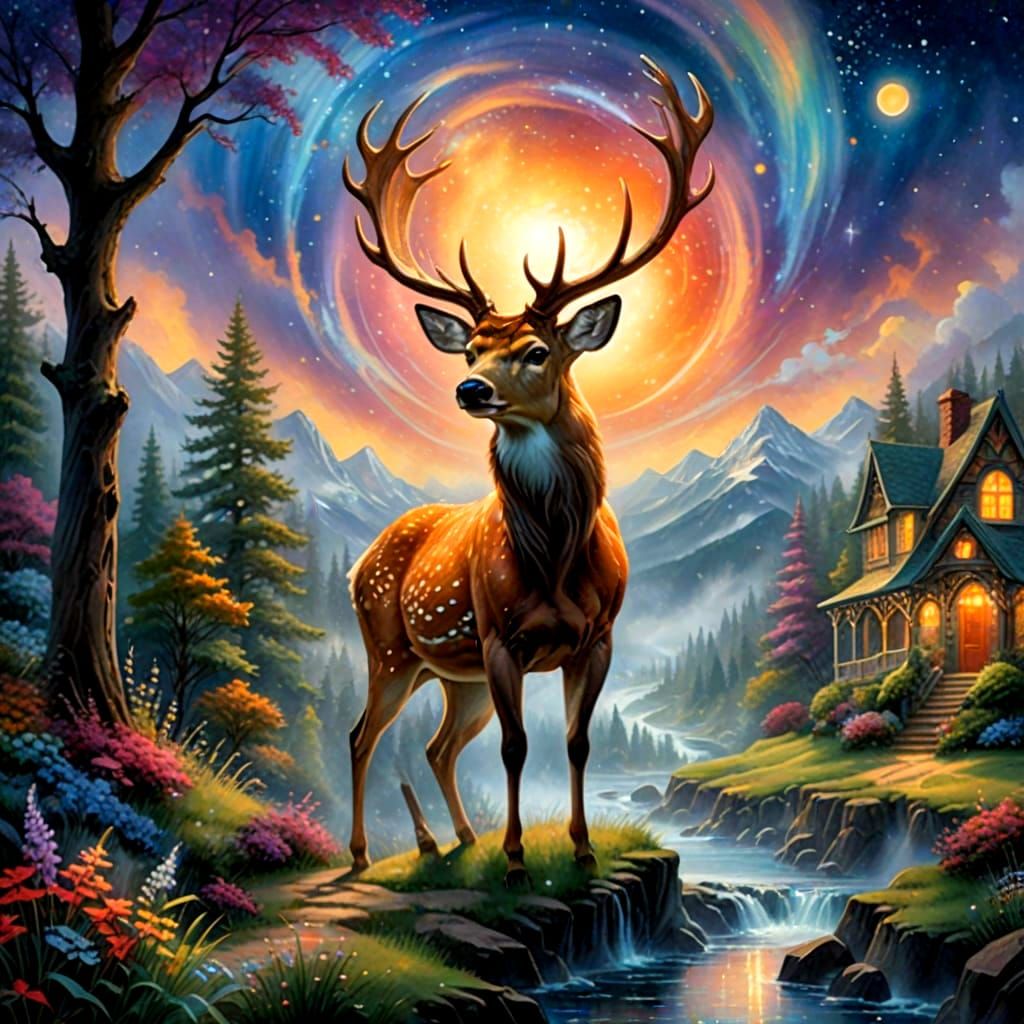 Stardust Deer in Dreamlike Watercolor World