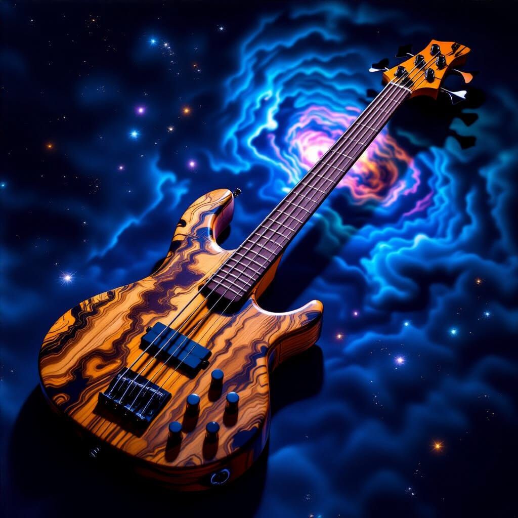Petrified Wood Bass Guitar in Cosmic Nebula
