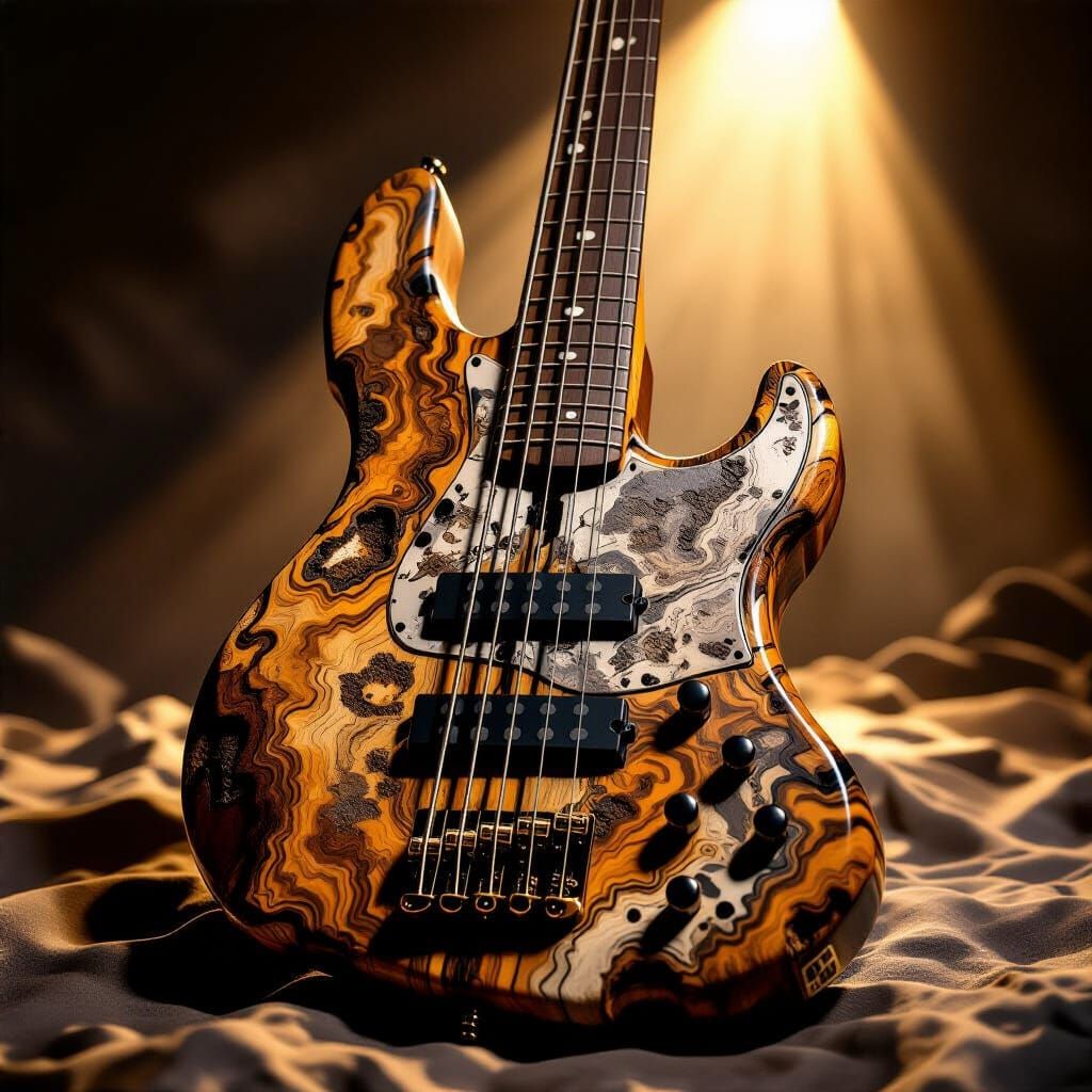 Petrified Wood Bass Guitar: Hyperrealistic Digital Art