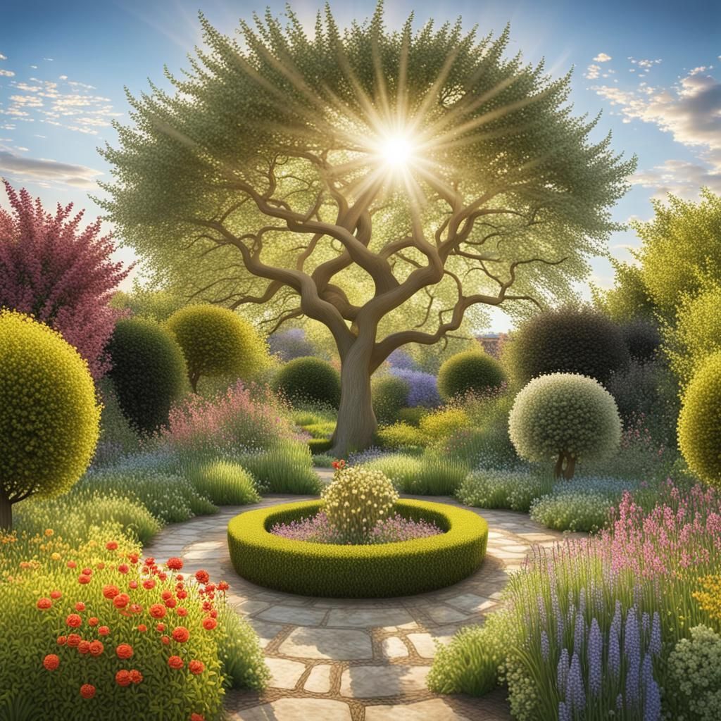 Harmonious Garden Scene with Intertwined Trees