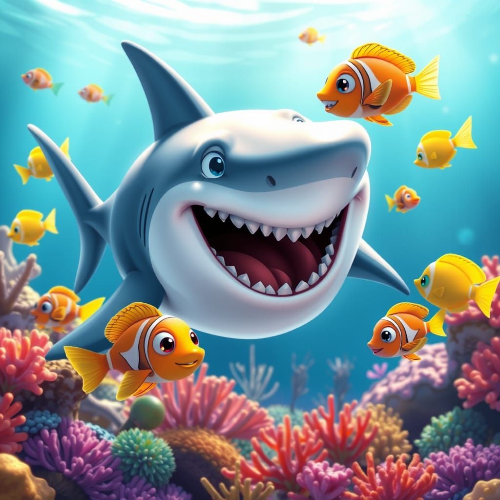 Friendly Shark and Fish in Disney Animated Style