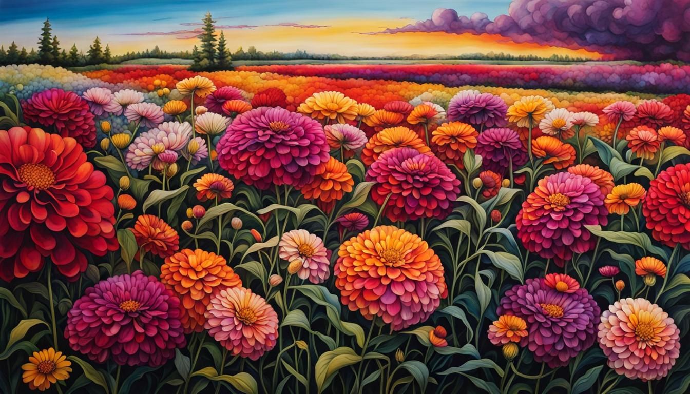 Photorealistic Multicolored Zinnia Field with Industrial Edg...
