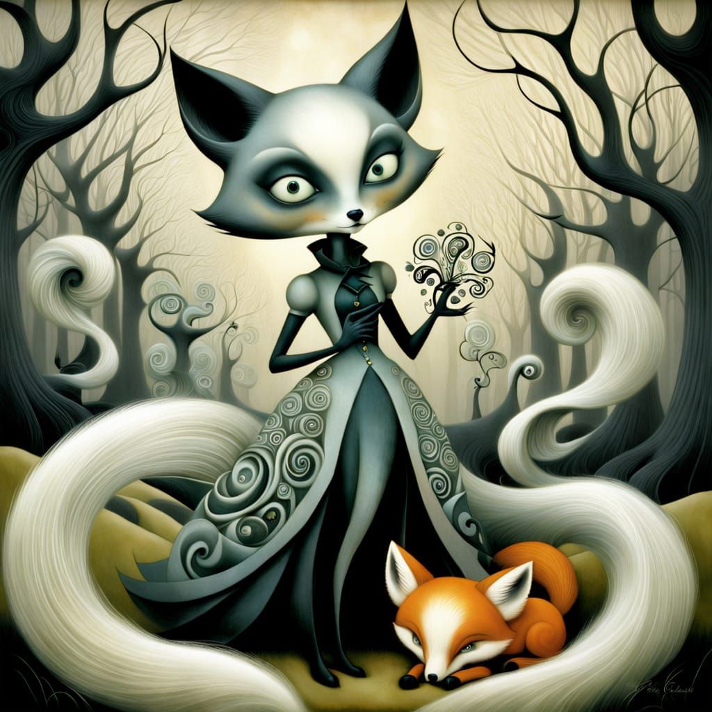Mystical Fox in Whirlwind, Inspired by Dark Fantasy Art