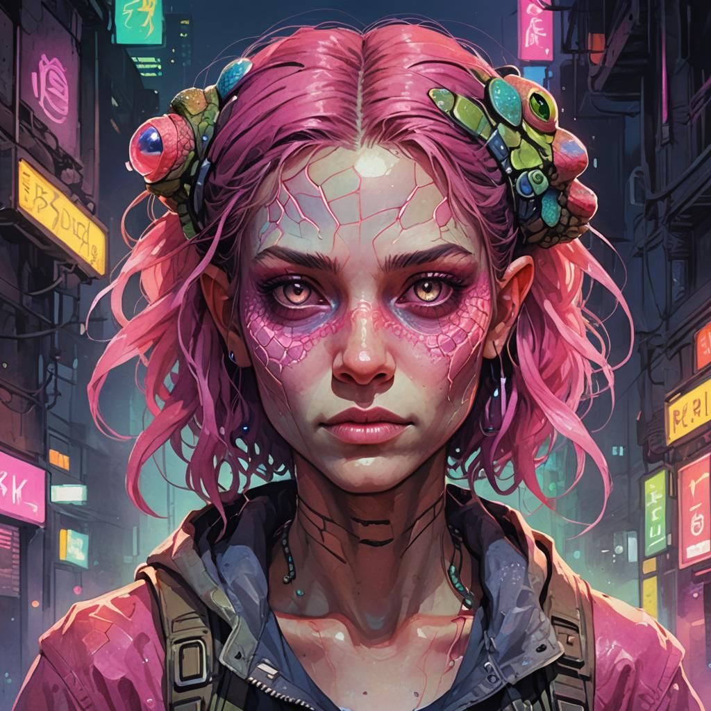 Neon Lit Reptilian Girl in Watercolor Style