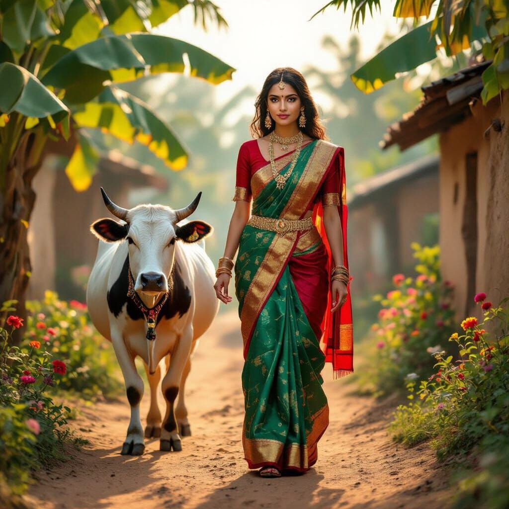 Beautiful Indian Woman Beside Decorated Cow in Village