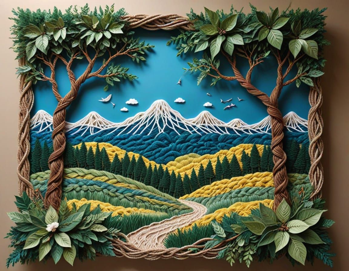 Macrame Landscape Art with Colorful Twisted Knots