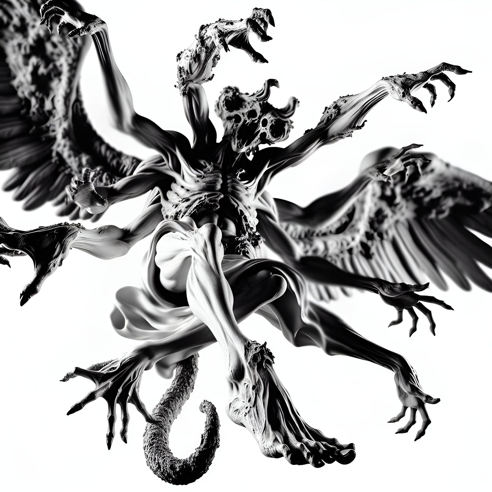 Four-Armed Corrupted Angel Construct in Black and White