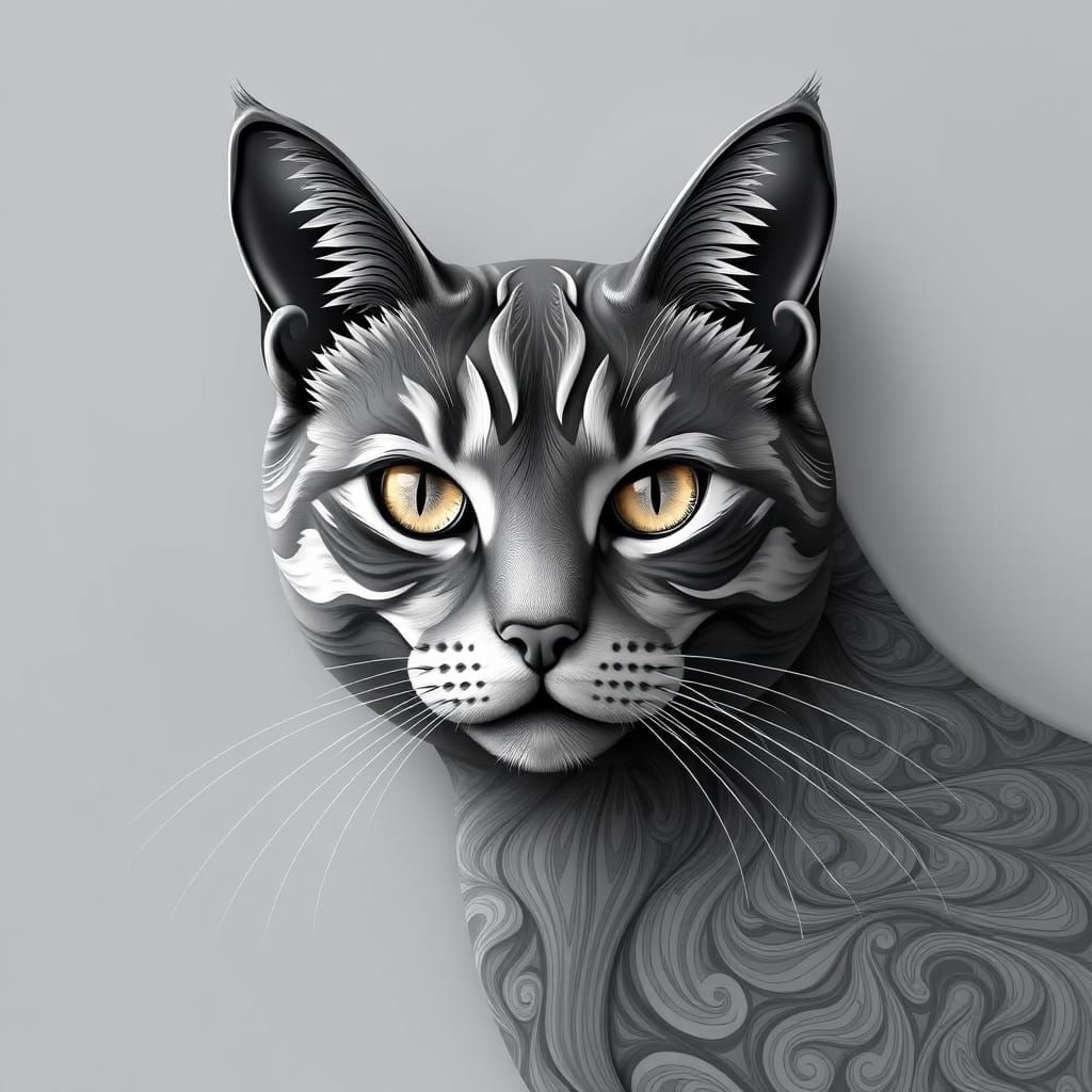 Abstract Grey Cat with Fractal and Zentangle Elements
