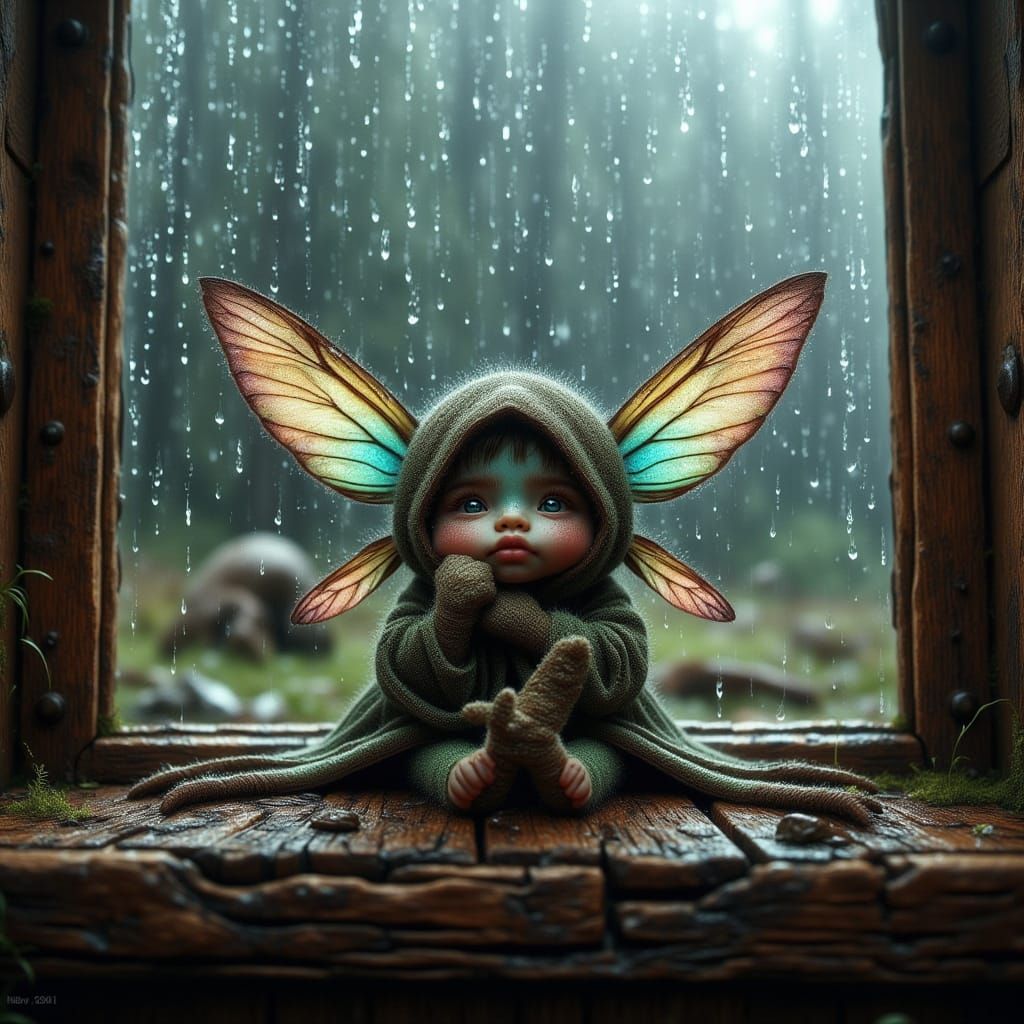Fairy Sheltering from Rain on Window Ledge
