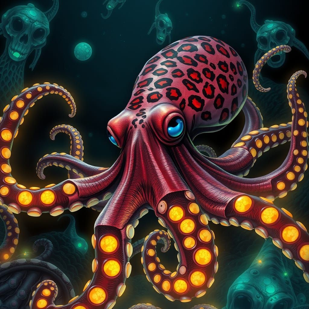 Leopard Spotted Octopus in Bioluminescent Ocean, Comic Book ...