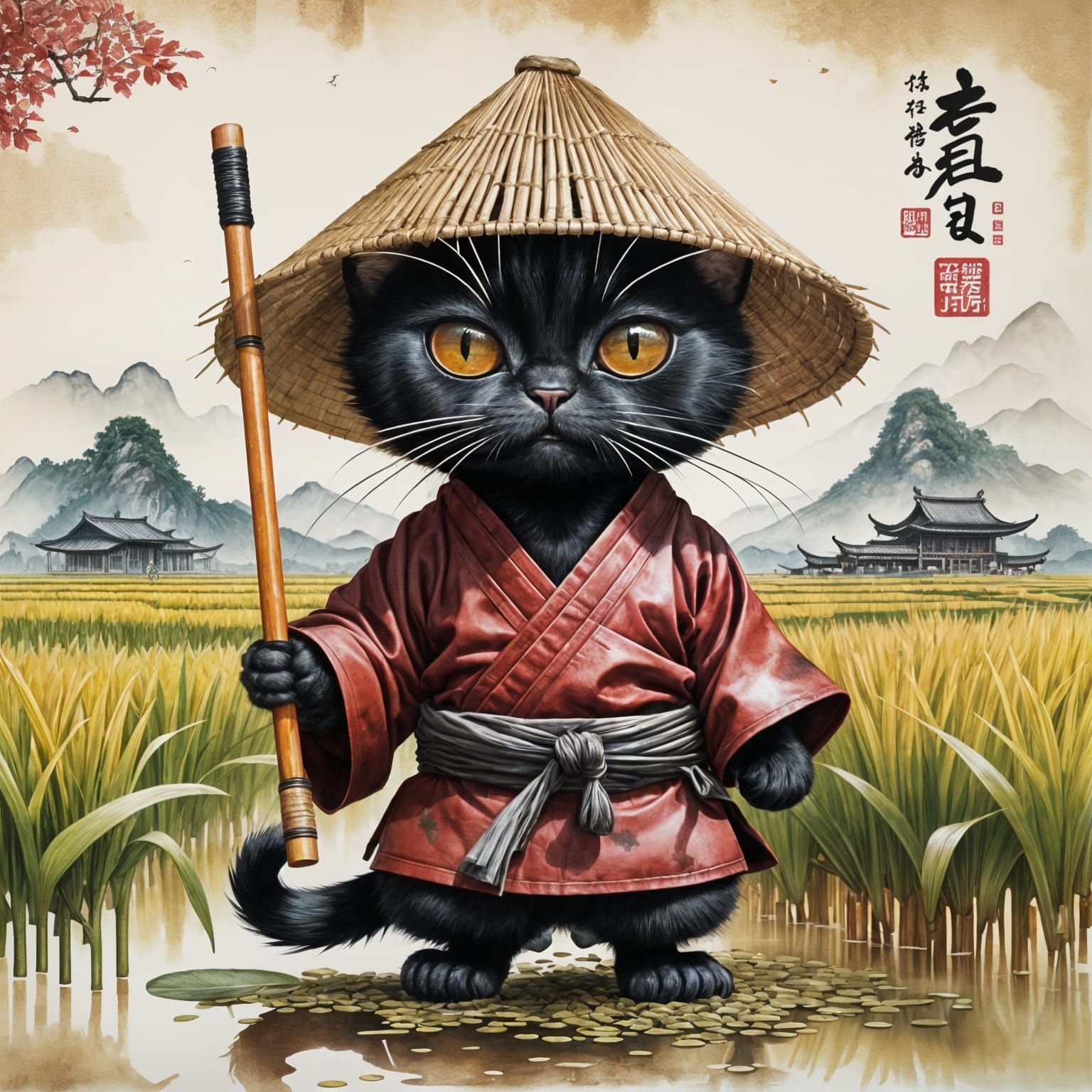 Chibi Cat Shaolin Monk in Rice Paddies