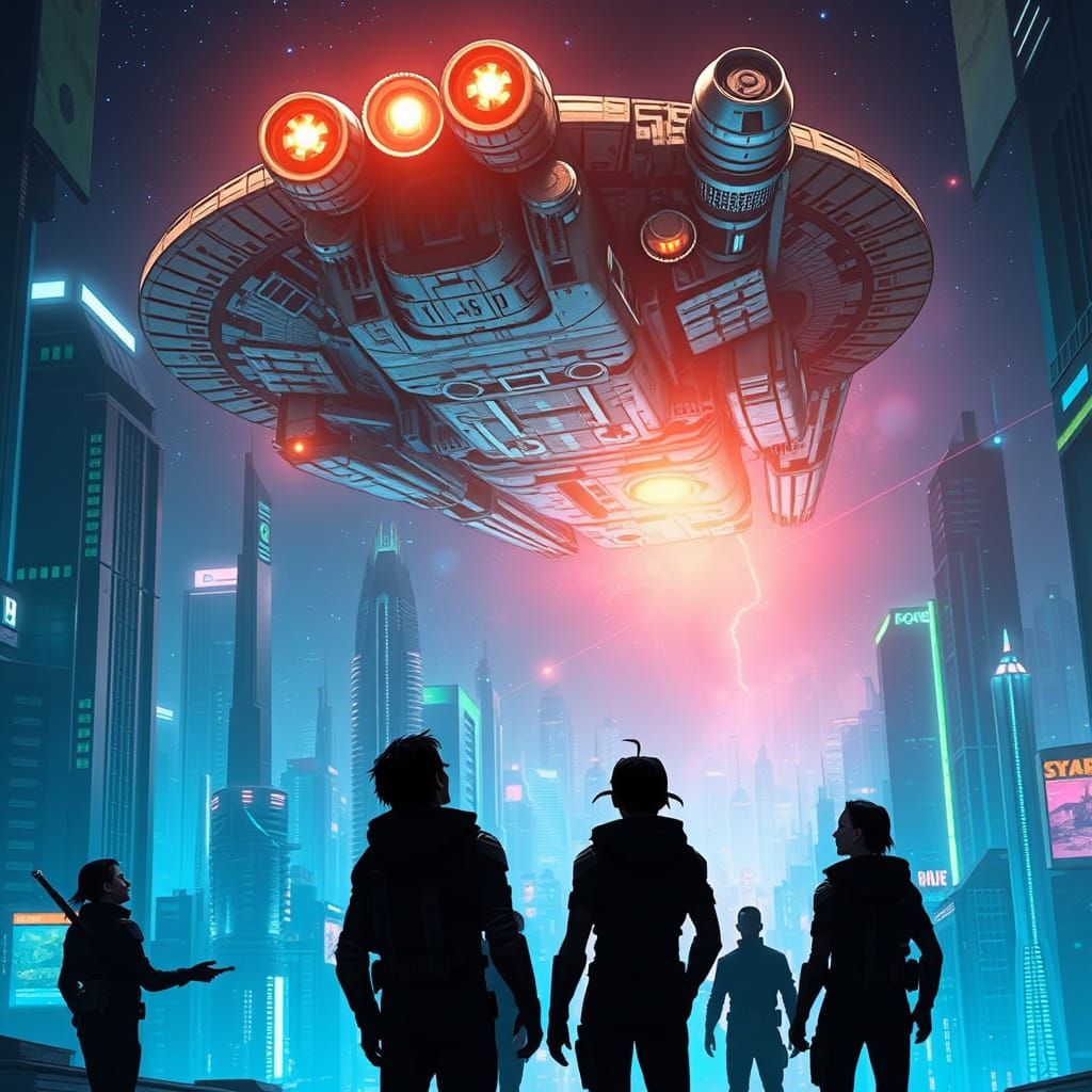 Cyberpunk Cityscape with Ancient Spaceship and Humans in Awe