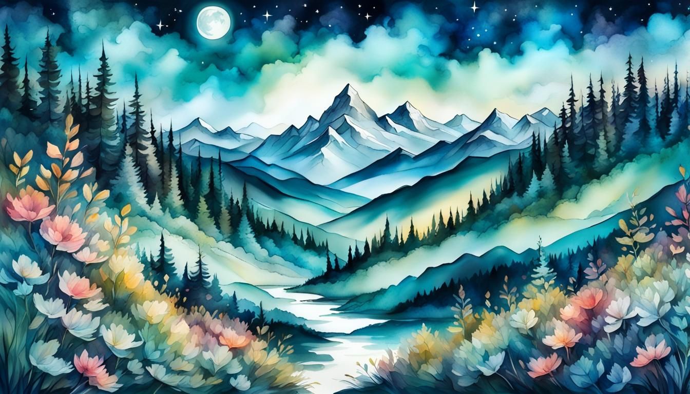 Mountain Forest Landscape Under Moonlight in Alcohol Ink