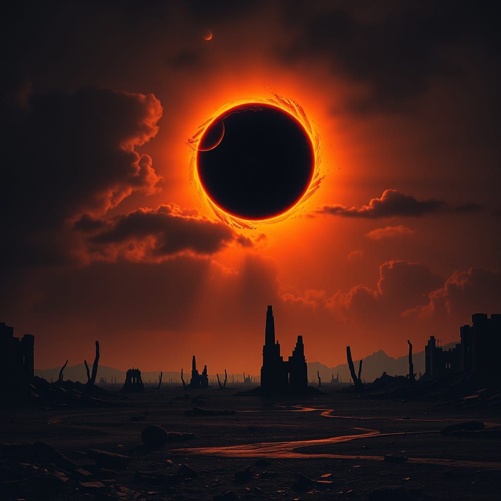 Dark, Foreboding Sun in Desolate, End-Times Landscape