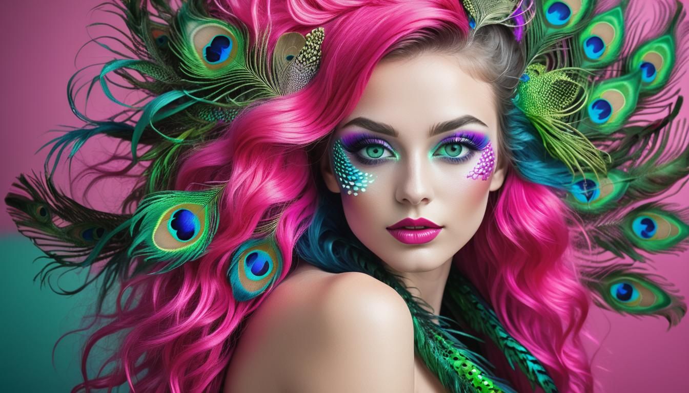Colorful Woman with Peacock Feathers, Comic Book Art