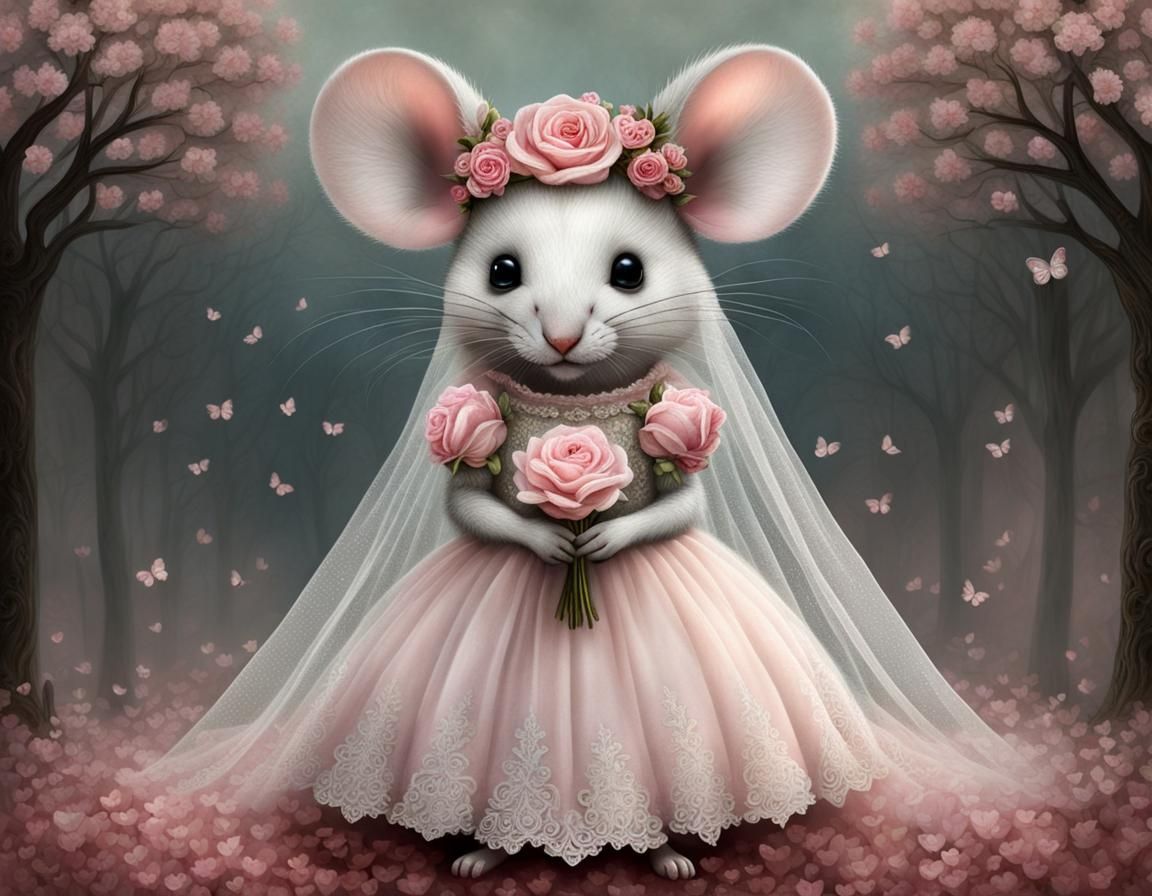 mouse in a wedding dress, veil