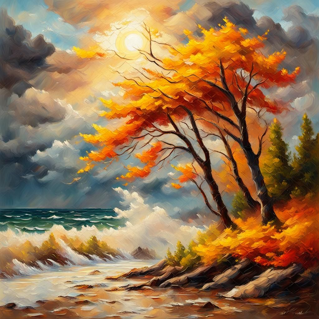 Stormy Seashore: Neo-Impressionist Oil Painting