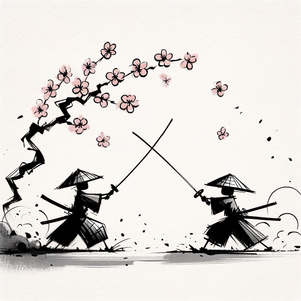 Stick Figure Samurai Duel with Cherry Blossoms