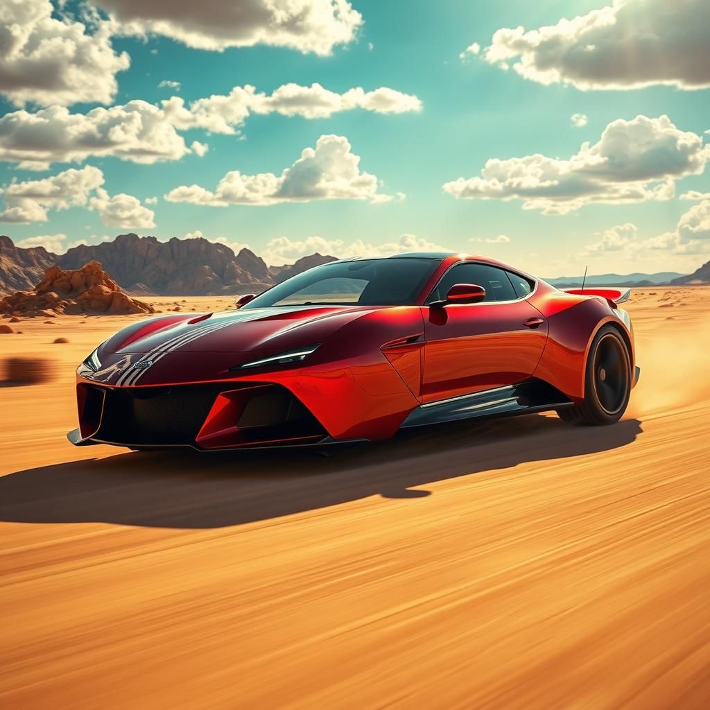 Red Sports Car Races Across Desert Landscape