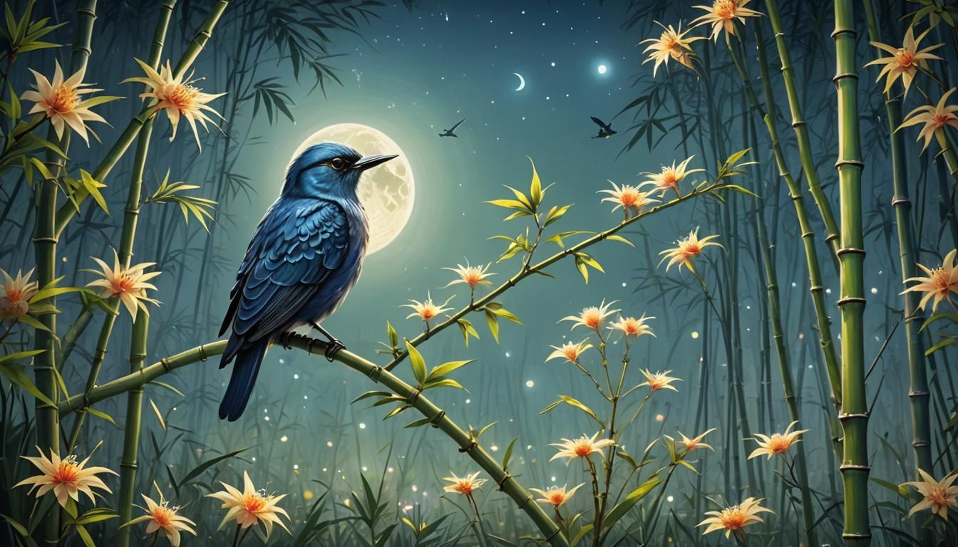 Fantasy Bird in Moonlit Meadow Oil Painting
